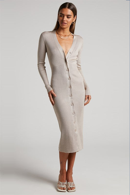 MDX Stone Color Buttoned V Neck Long Knit Dress MG1703 - Granada