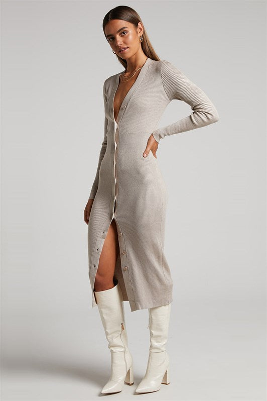 MDX Stone Color Buttoned V Neck Long Knit Dress MG1703 - Granada