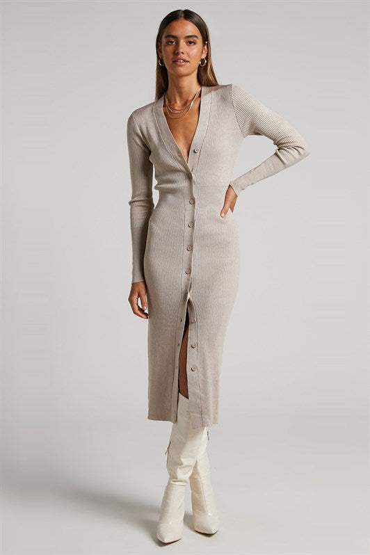 MDX Stone Color Buttoned V Neck Long Knit Dress MG1703 - Granada