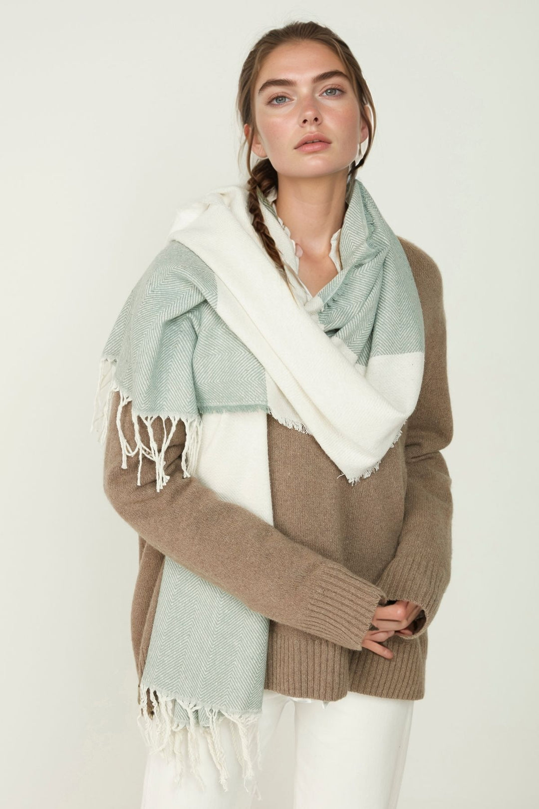 Beige-Ecru Double-Sided Thick Shoulder Shawl Scarf BCNSV-25WT1035 - Kendall