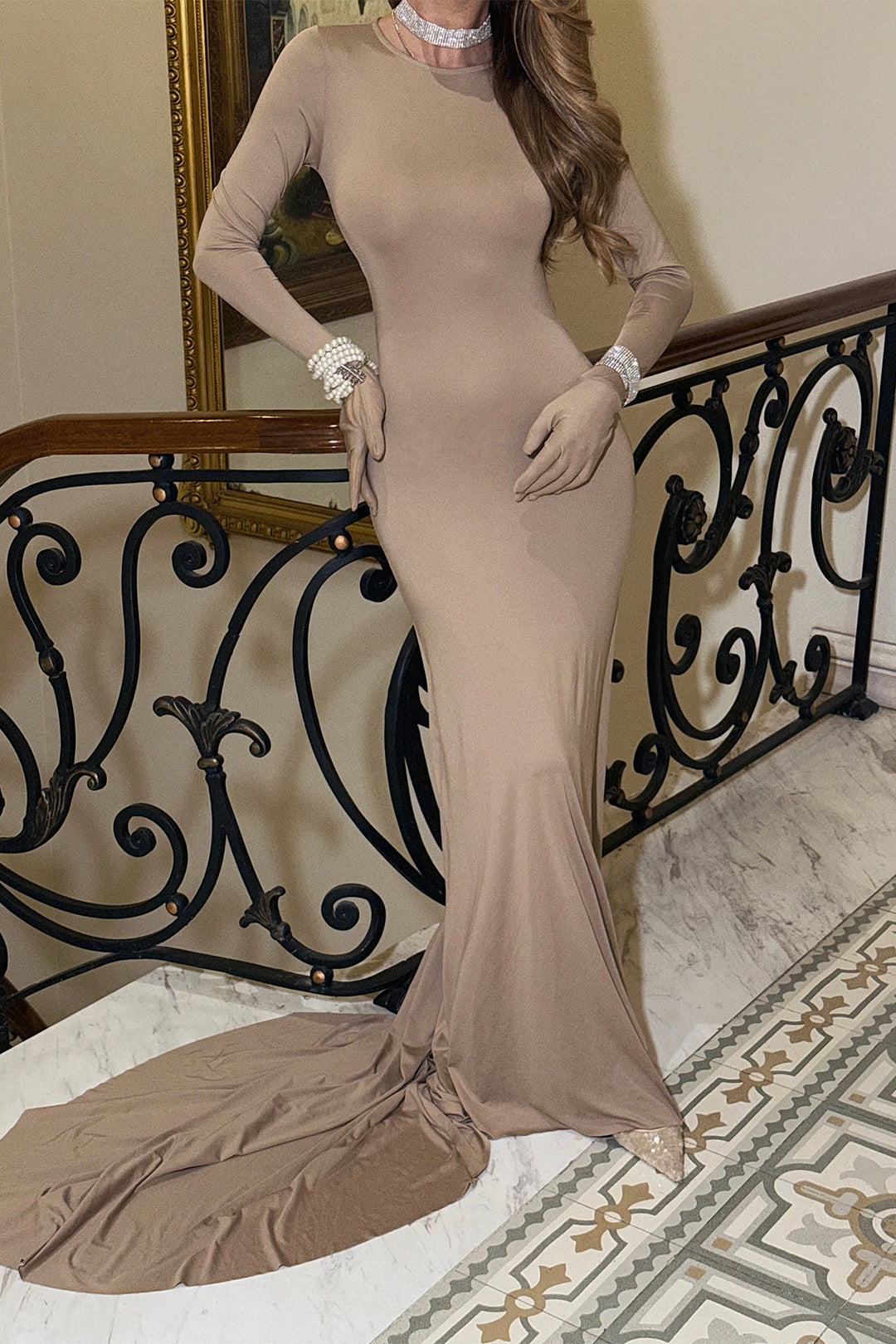 EYY Women Beige Gloves Detail Long Dress - Simi Valley
