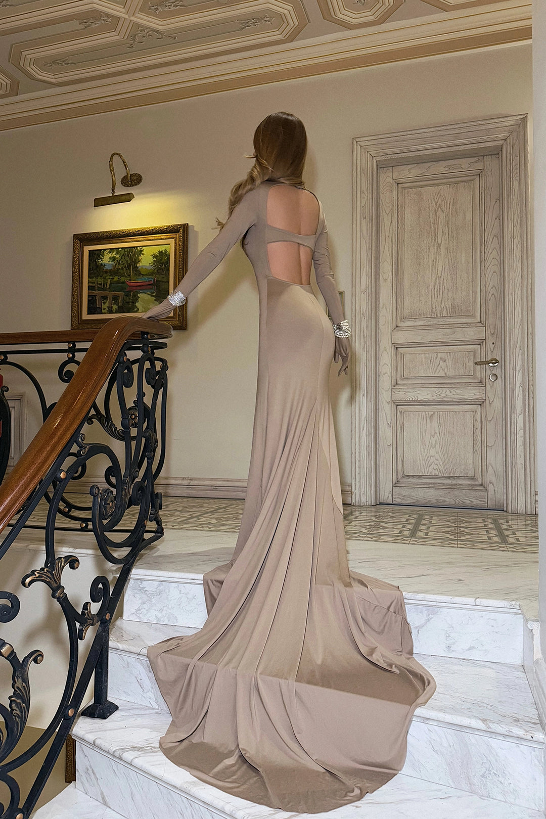EYY Women Beige Gloves Detail Long Dress - Simi Valley
