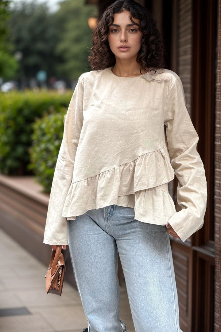 Beige Layered Ruffled Voile Blouse BCBSK-25700-3571 - San Benedetto del Tronto