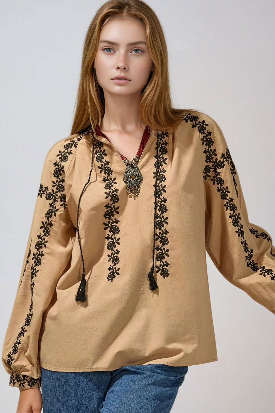 Beige Ethnic Patterned Balloon Sleeve Front Tie V-Neck Blouse BCHESQ-251137 - Cranston