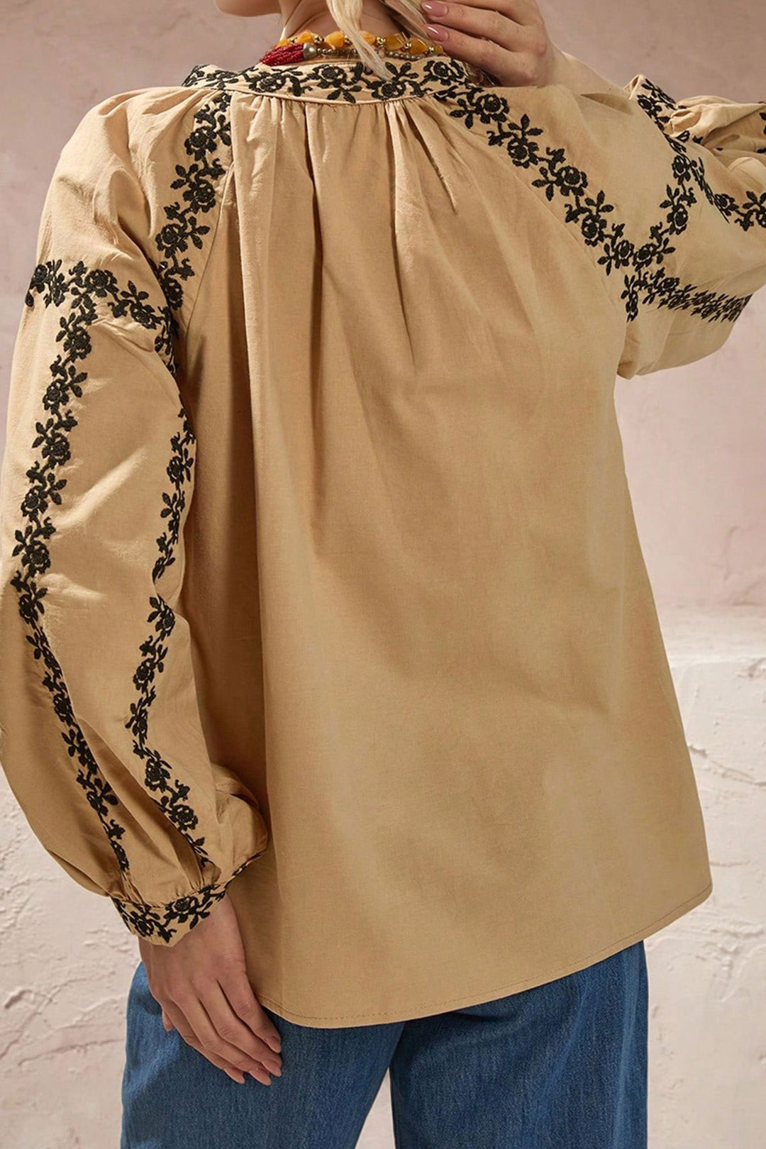 Beige Ethnic Patterned Balloon Sleeve Front Tie V-Neck Blouse BCHESQ-251137 - Cranston