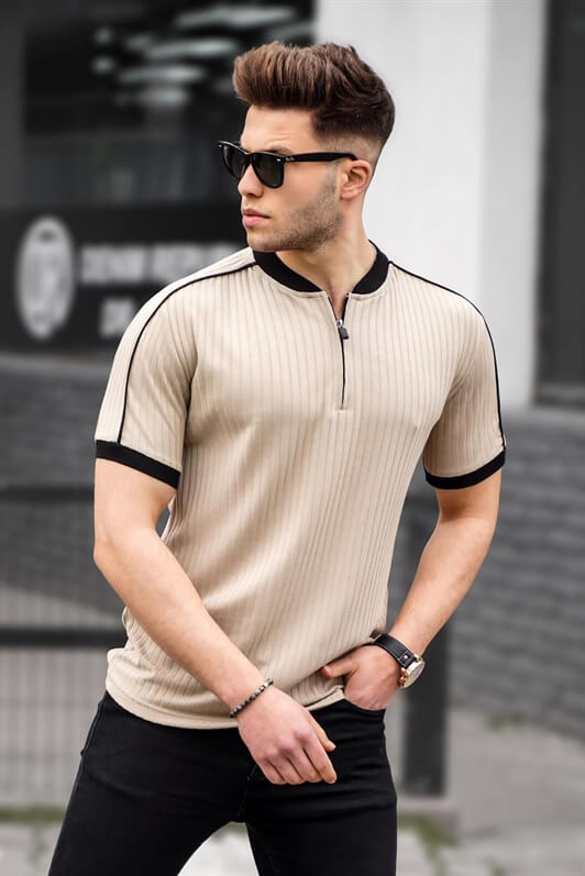 MDX Beige Zip Neck Men's Polo Shirt - Lemgo