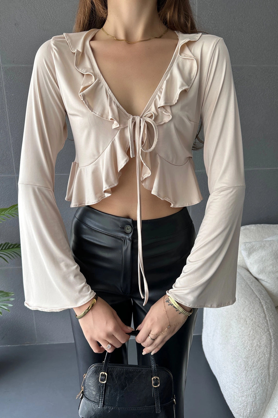 Beige Ruffle Detailed Front Tied Crop Blouse BCDF-242104 - Montclair