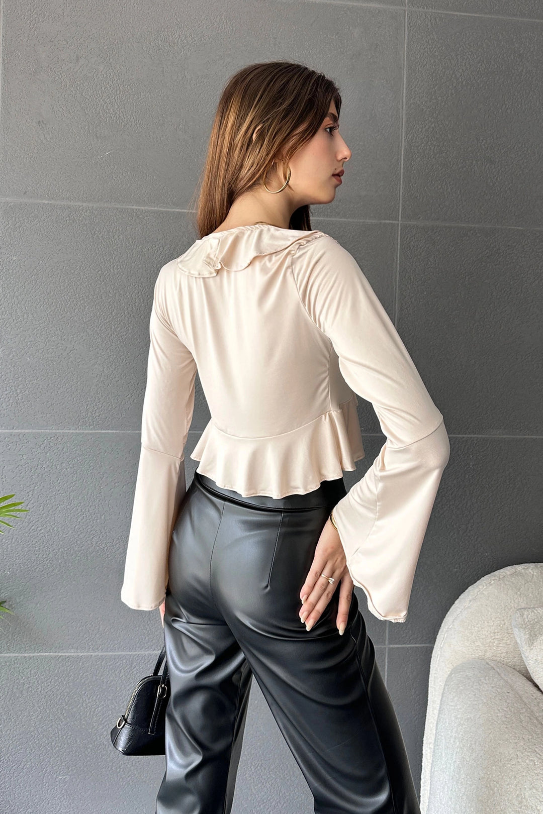 Beige Ruffle Detailed Front Tied Crop Blouse BCDF-242104 - Montclair