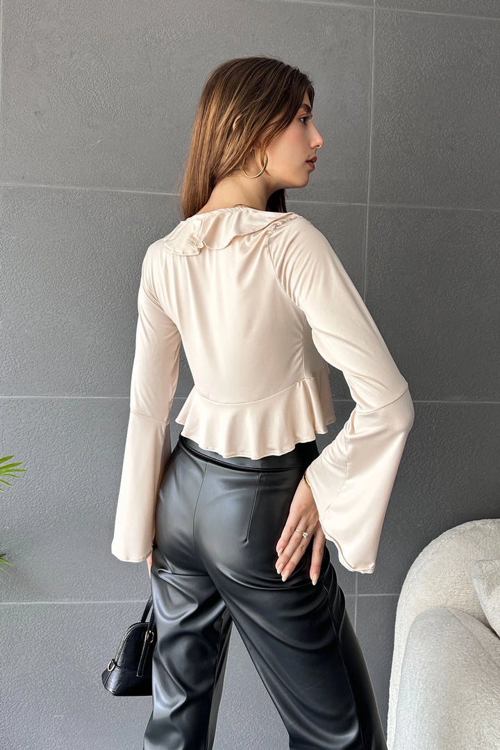 Beige Ruffle Detailed Front Tied Crop Blouse BCDF-242104 - Montclair