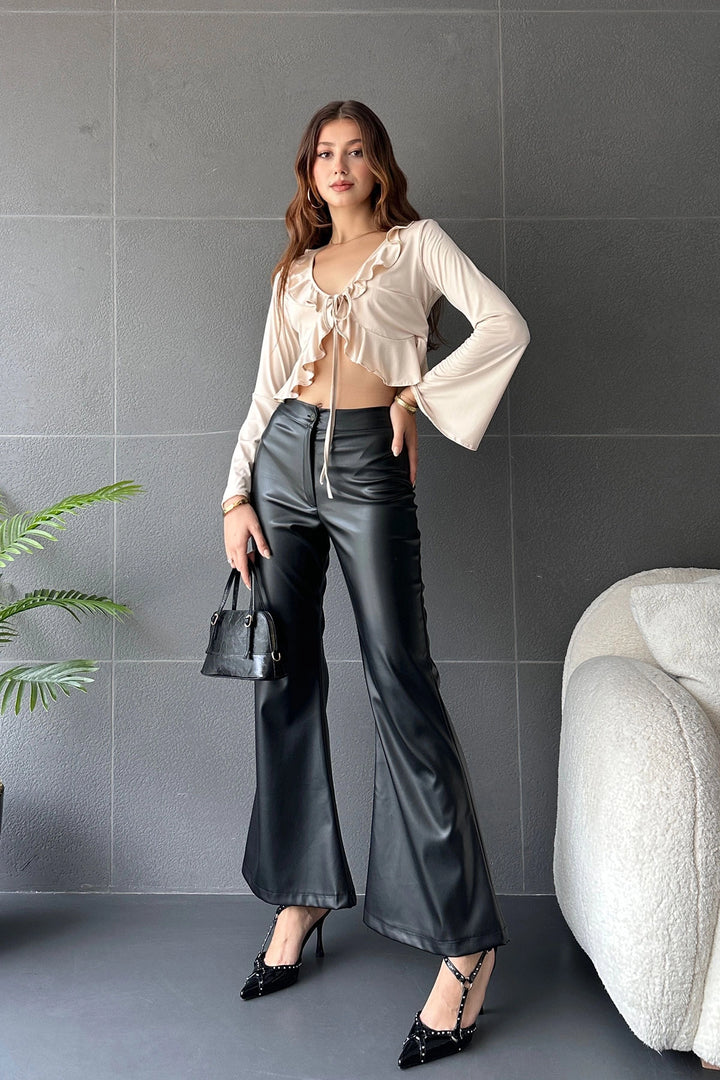 Beige Ruffle Detailed Front Tied Crop Blouse BCDF-242104 - Montclair
