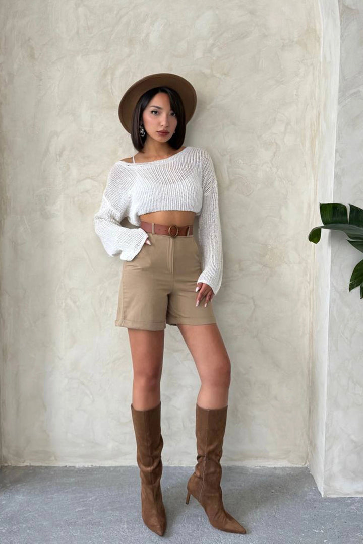 Beige Gabardine Belted Shorts BCHN-2525735 - Freehold