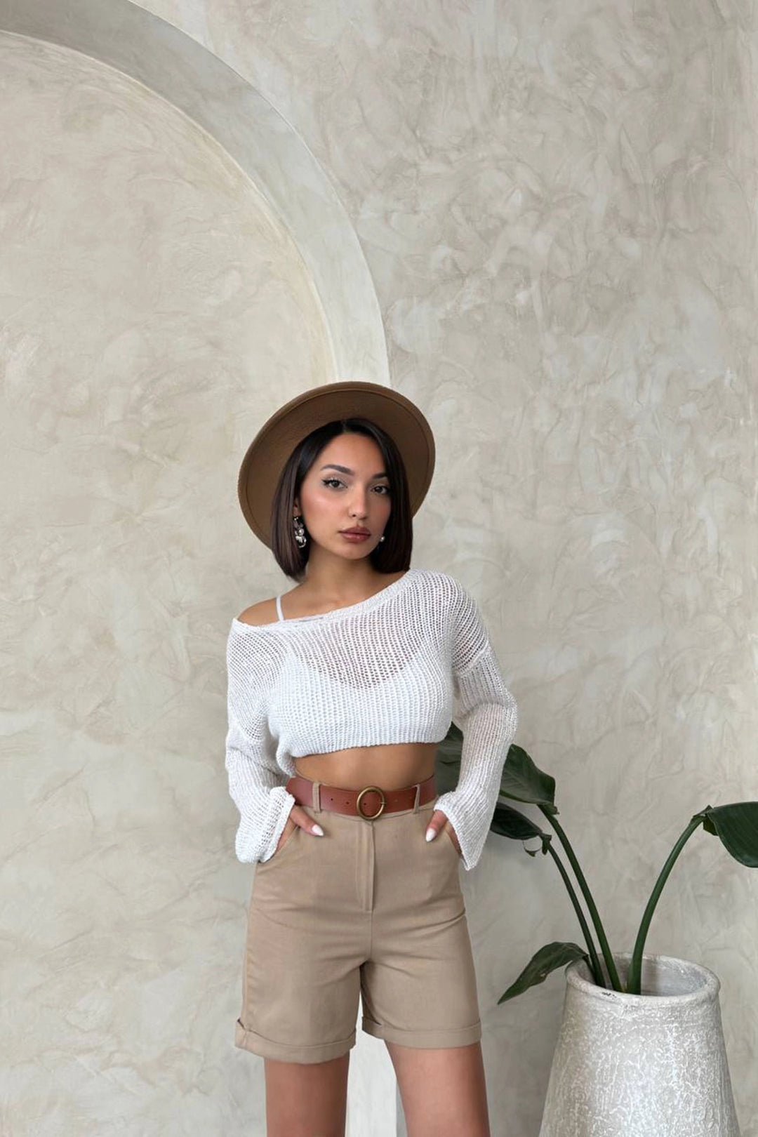 Beige Gabardine Belted Shorts BCHN-2525735 - Freehold