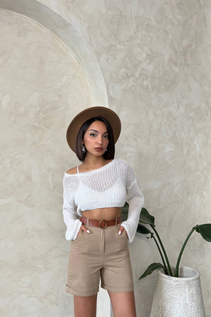 Beige Gabardine Belted Shorts BCHN-2525735 - Freehold