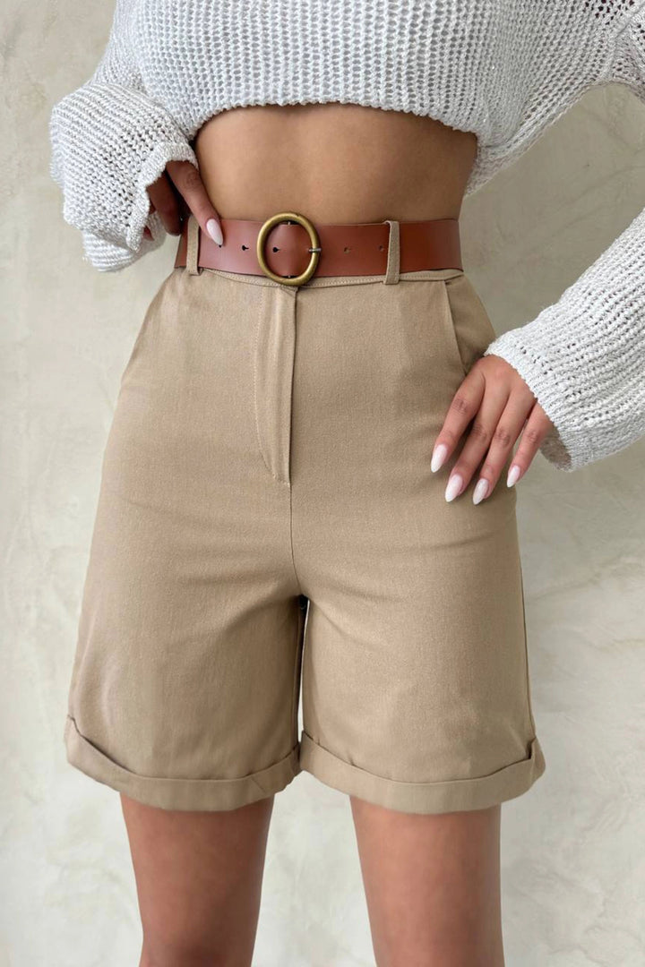 Beige Gabardine Belted Shorts BCHN-2525735 - Freehold