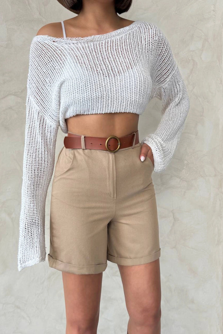 Beige Gabardine Belted Shorts BCHN-2525735 - Freehold