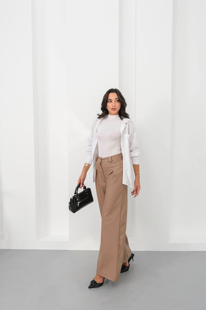Beige Wide Leg Faux Leather Pants BCHN-25263644 - Prescott Valley