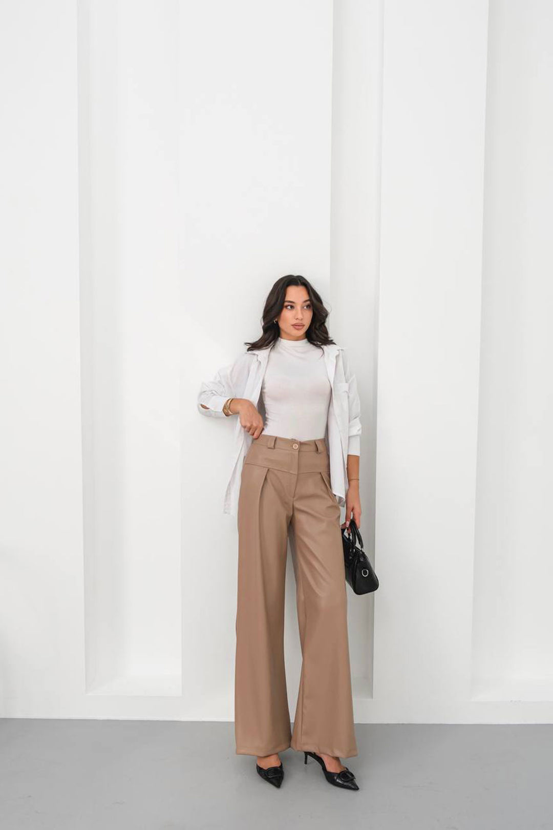 Beige Wide Leg Faux Leather Pants BCHN-25263644 - Prescott Valley