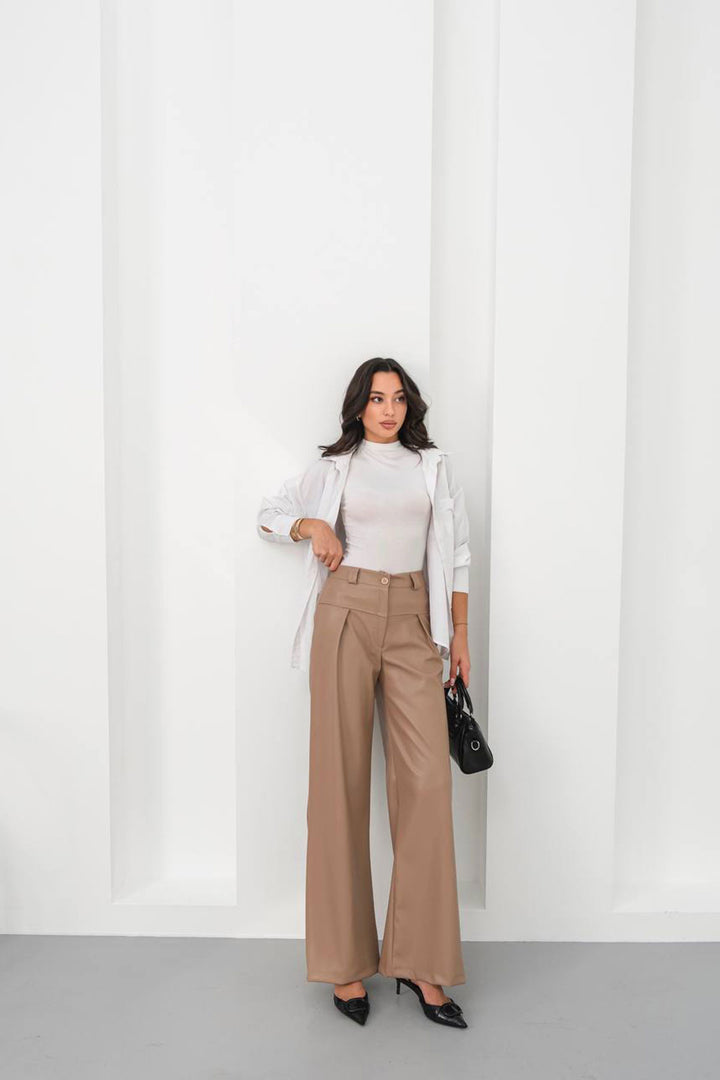 Beige Wide Leg Faux Leather Pants BCHN-25263644 - Prescott Valley