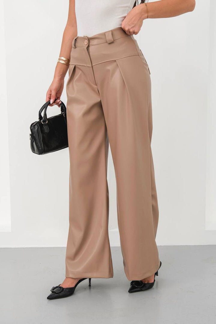 Beige Wide Leg Faux Leather Pants BCHN-25263644 - Prescott Valley