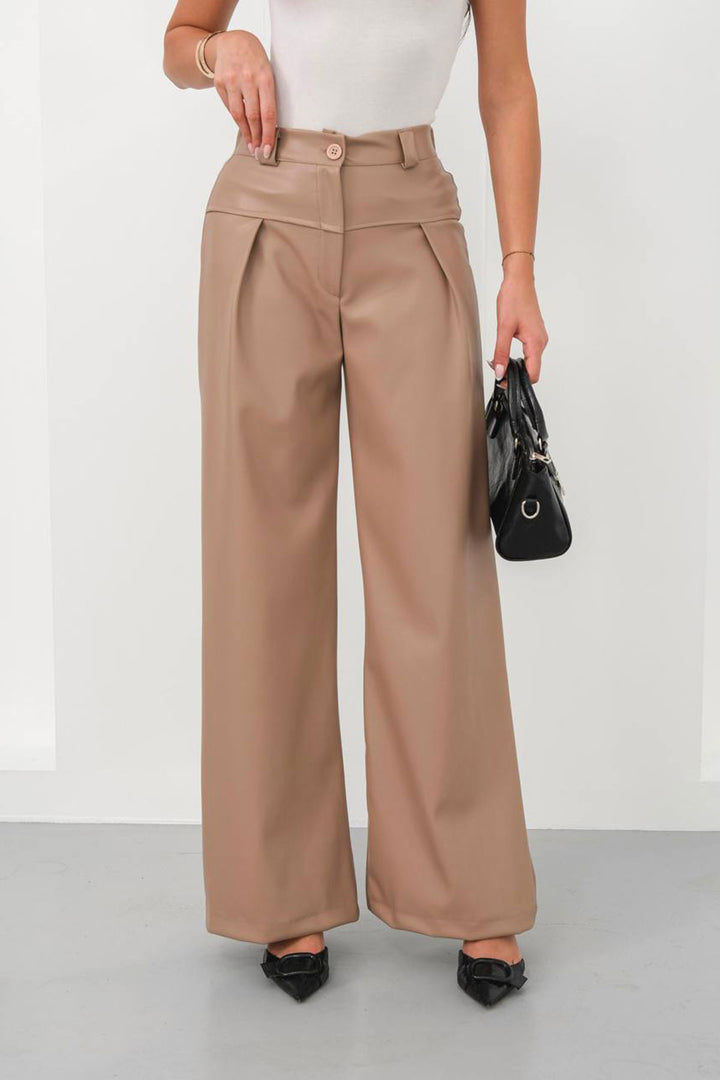 Beige Wide Leg Faux Leather Pants BCHN-25263644 - Prescott Valley