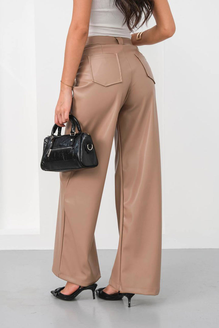 Beige Wide Leg Faux Leather Pants BCHN-25263644 - Prescott Valley