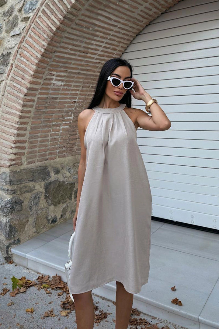 Beige Hidden Pocket Summer Linen Woven Dress BCDF-25255029 - Gosport