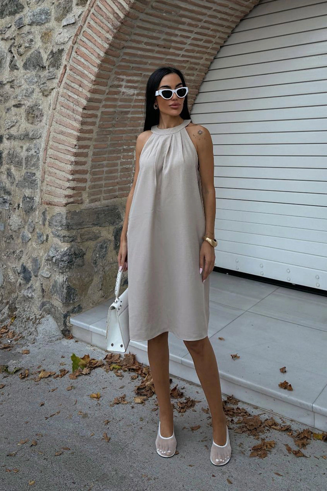 Beige Hidden Pocket Summer Linen Woven Dress BCDF-25255029 - Gosport