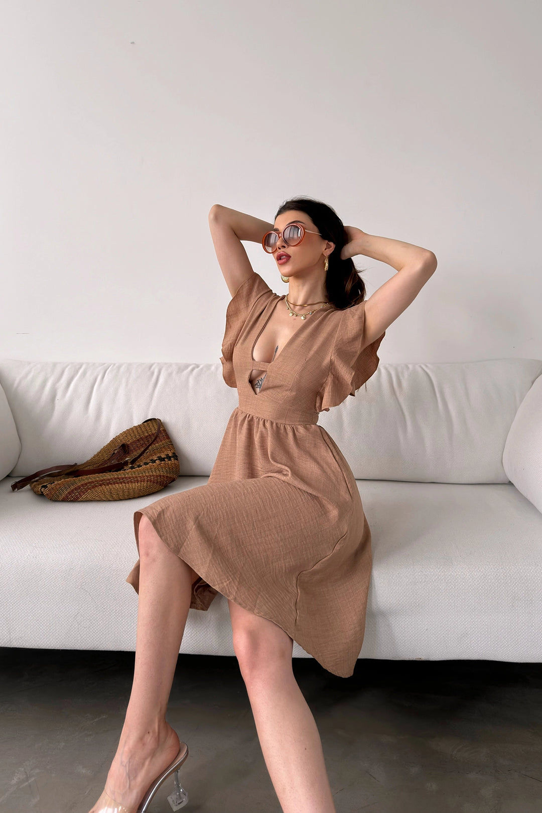 Beige Dress with Chest Decollete and Ruffled Sleeves BCDF-241069 - Scottsdale