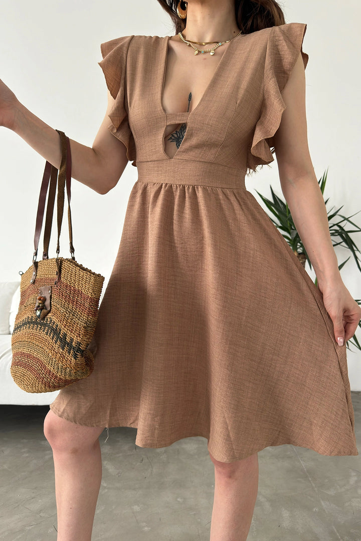 Beige Dress with Chest Decollete and Ruffled Sleeves BCDF-241069 - Scottsdale