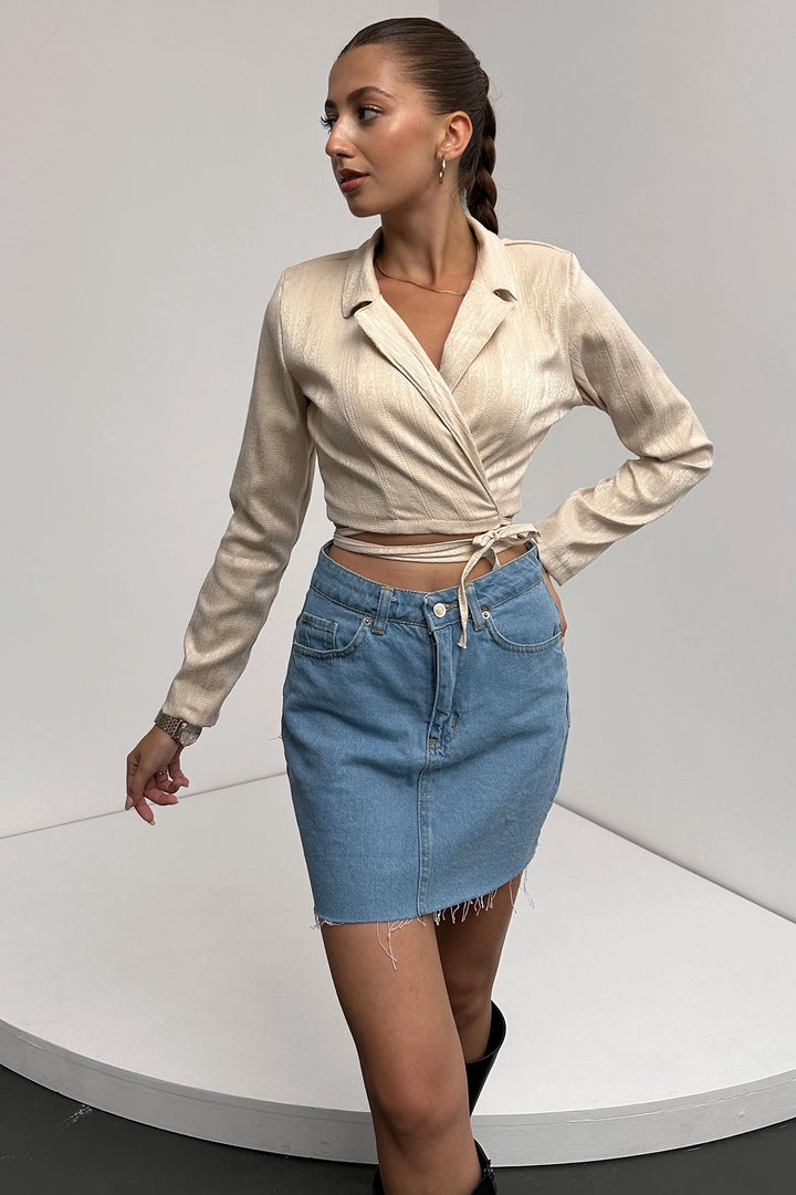 Beige Shirt Collar Tied Waist Crop Blouse BCDF-242109 - Plainfield