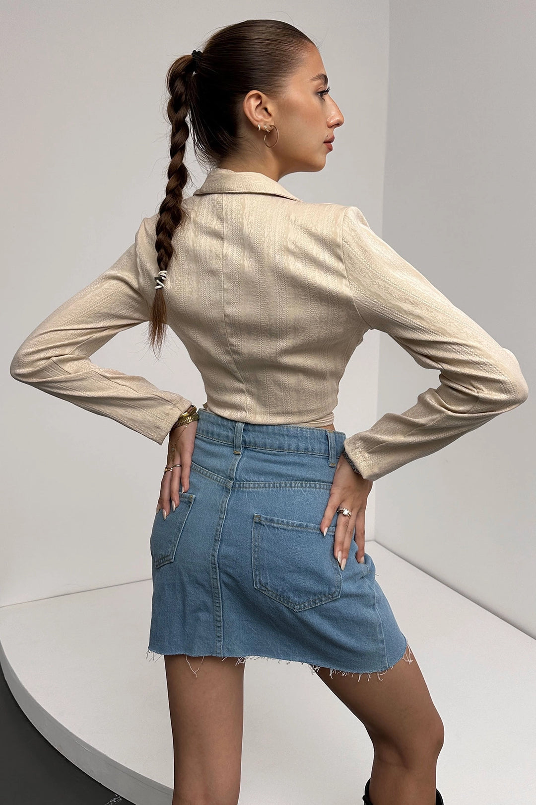 Beige Shirt Collar Tied Waist Crop Blouse BCDF-242109 - Plainfield