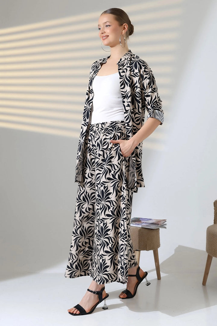 Beige Shirt with Mandarin Collar and Comfortable Fit Pants Woven Set BCVL-25V053 - Zhovti Vody