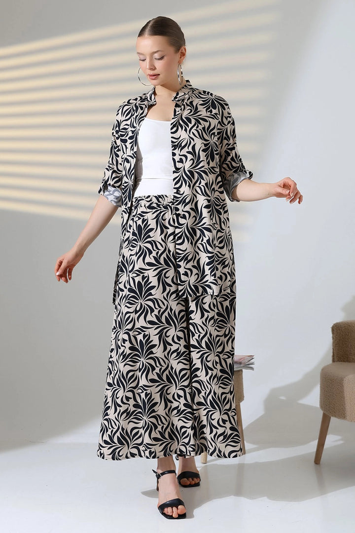 Beige Shirt with Mandarin Collar and Comfortable Fit Pants Woven Set BCVL-25V053 - Zhovti Vody