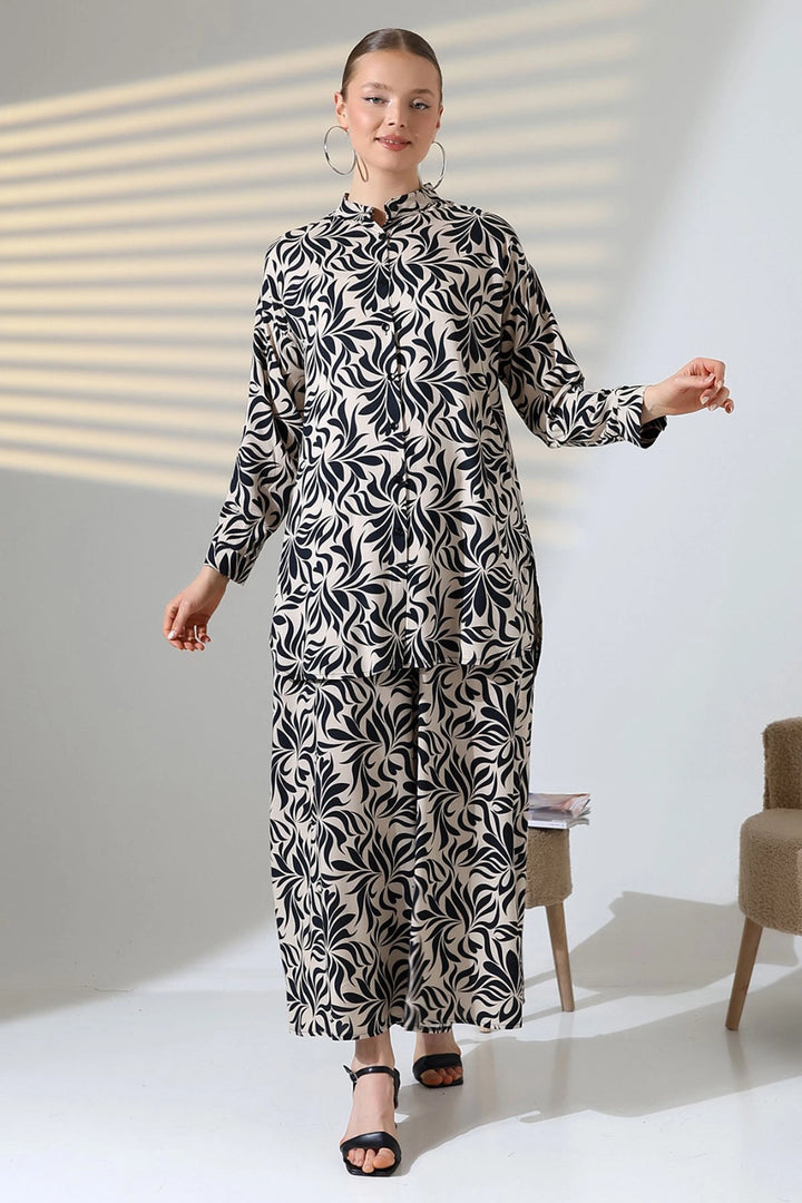 Beige Shirt with Mandarin Collar and Comfortable Fit Pants Woven Set BCVL-25V053 - Zhovti Vody