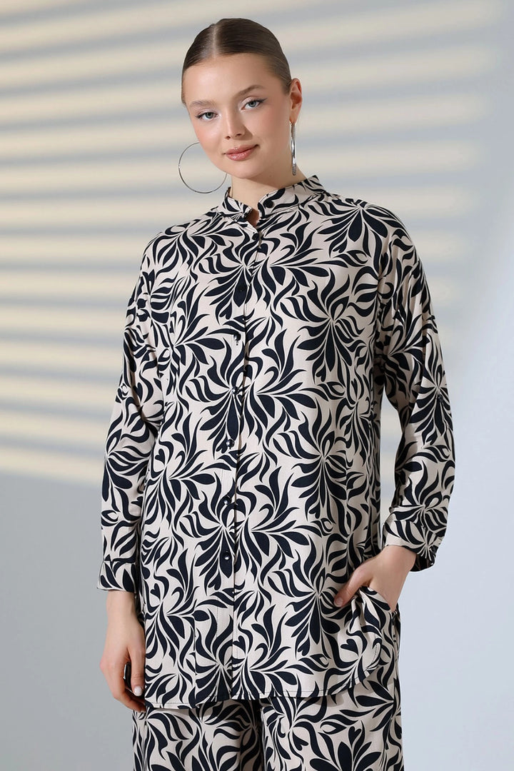 Beige Shirt with Mandarin Collar and Comfortable Fit Pants Woven Set BCVL-25V053 - Zhovti Vody