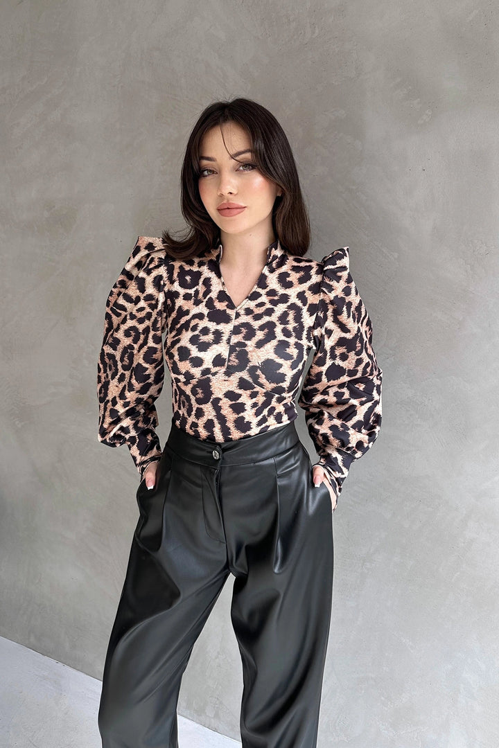 Beige Turtleneck Leopard Print Diver Blouse BCDF-242147 - Annapolis