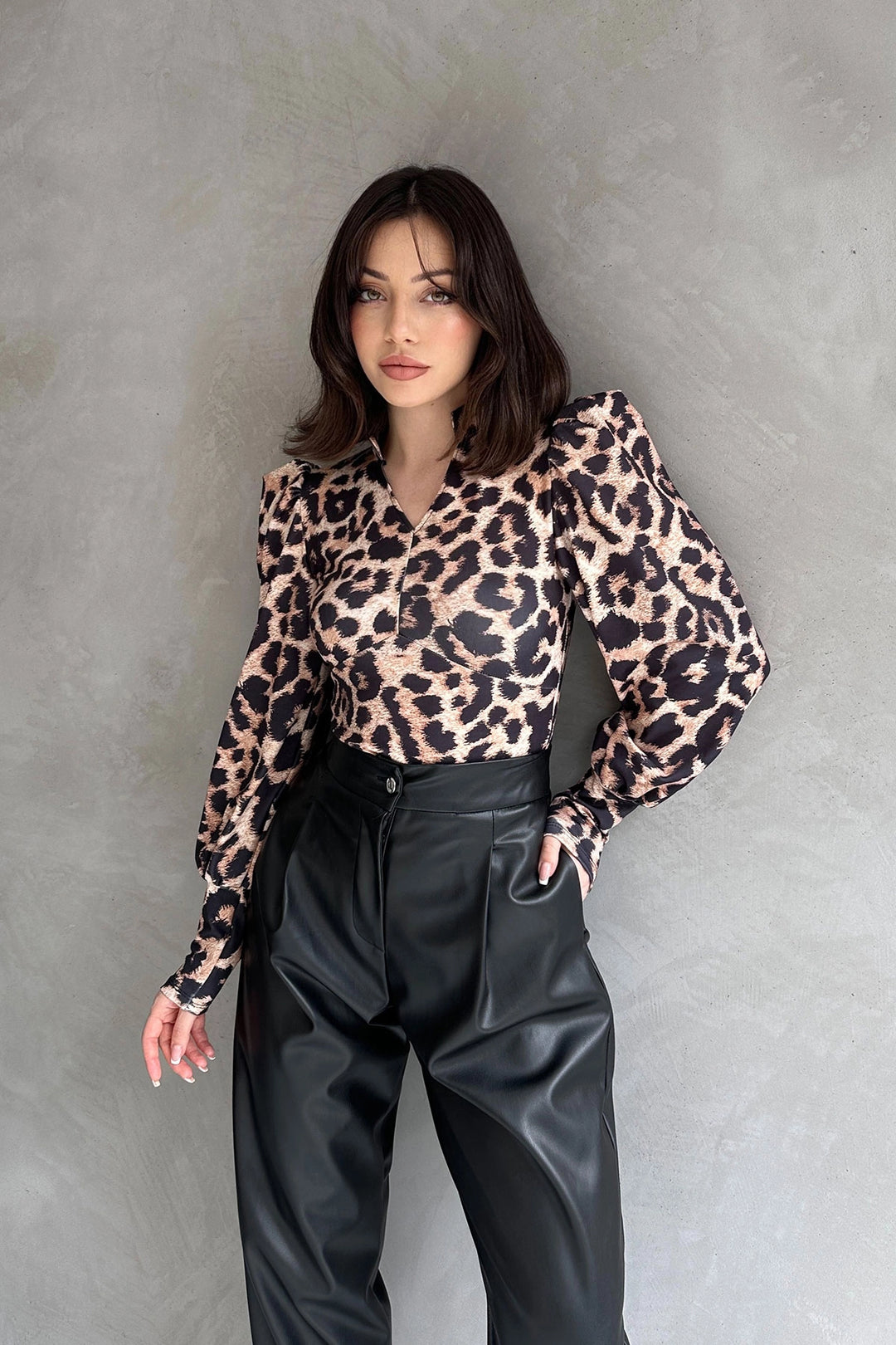 Beige Turtleneck Leopard Print Diver Blouse BCDF-242147 - Annapolis