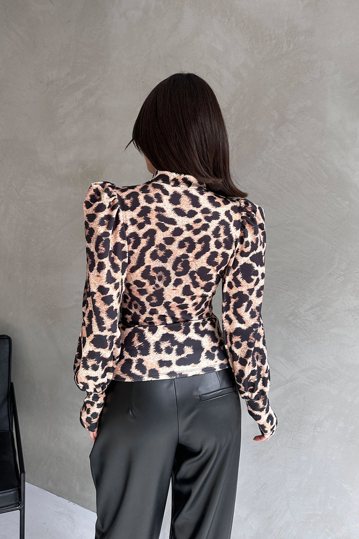 Beige Turtleneck Leopard Print Diver Blouse BCDF-242147 - Annapolis