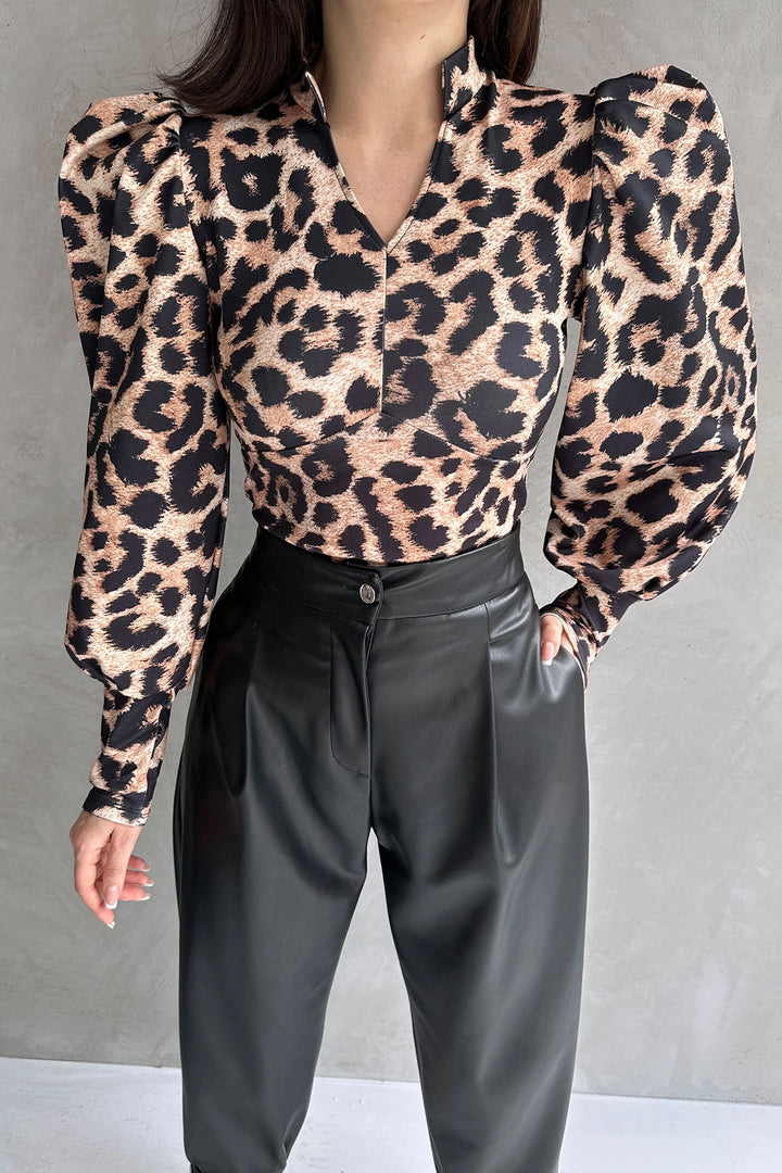 Beige Turtleneck Leopard Print Diver Blouse BCDF-242147 - Annapolis