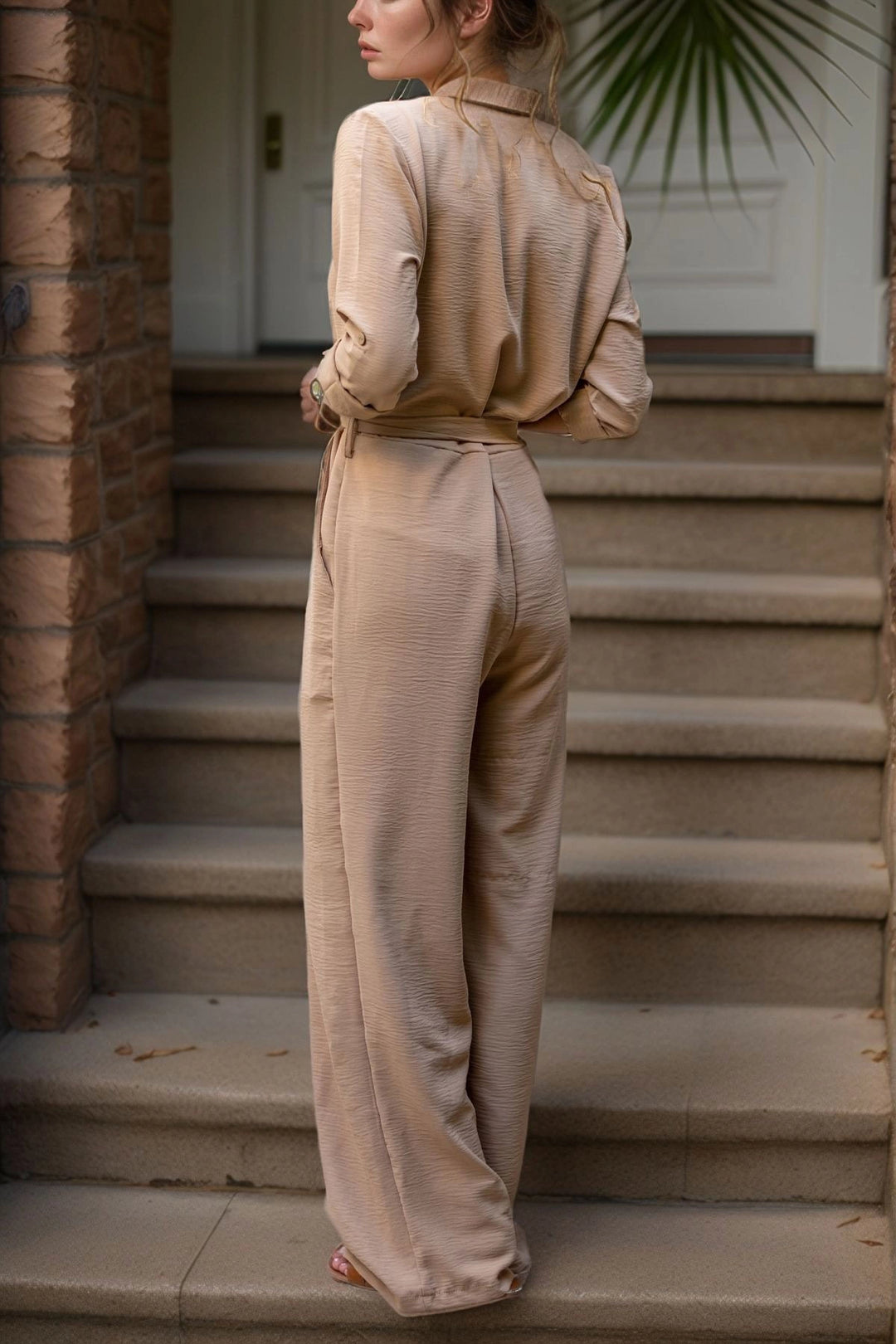 Beige Straw Detailed Self-Belted Pocketed Jumpsuit BCBSK-25700-2946 - Harrisburg