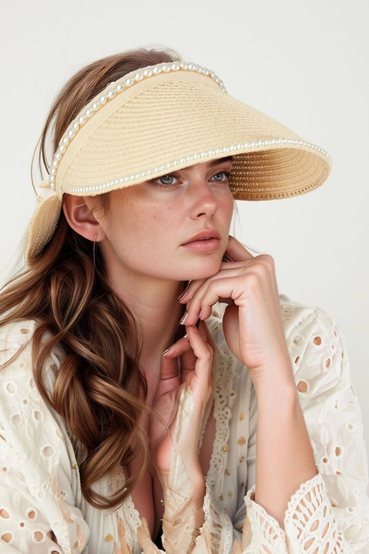 Beige Pearl Embellished Mesh Top Open Visor Tennis Cap BCNSV-2514565 - Padova