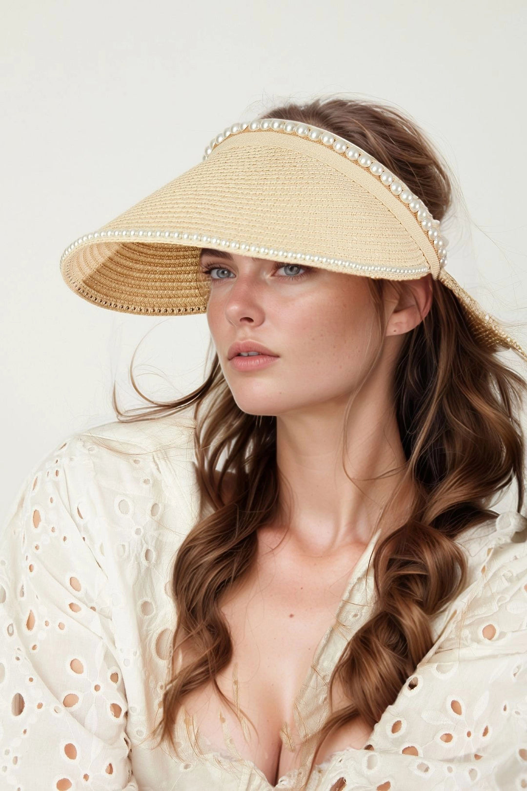 Beige Pearl Embellished Mesh Top Open Visor Tennis Cap BCNSV-2514565 - Padova
