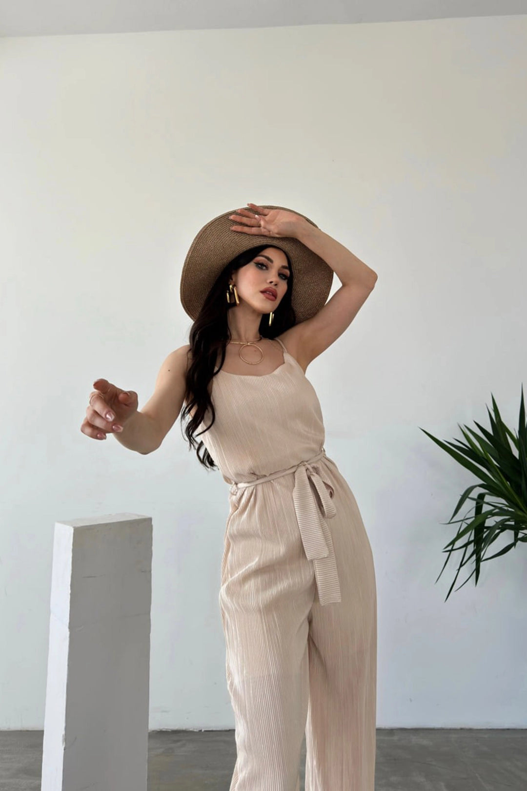 Beige Crinkled Jumpsuit with Rope Belt BCDF-241077 - Des Moines