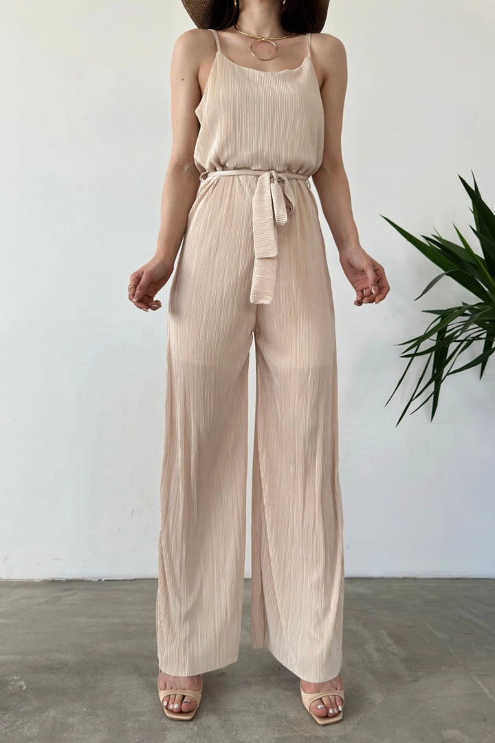 Beige Crinkled Jumpsuit with Rope Belt BCDF-241077 - Des Moines