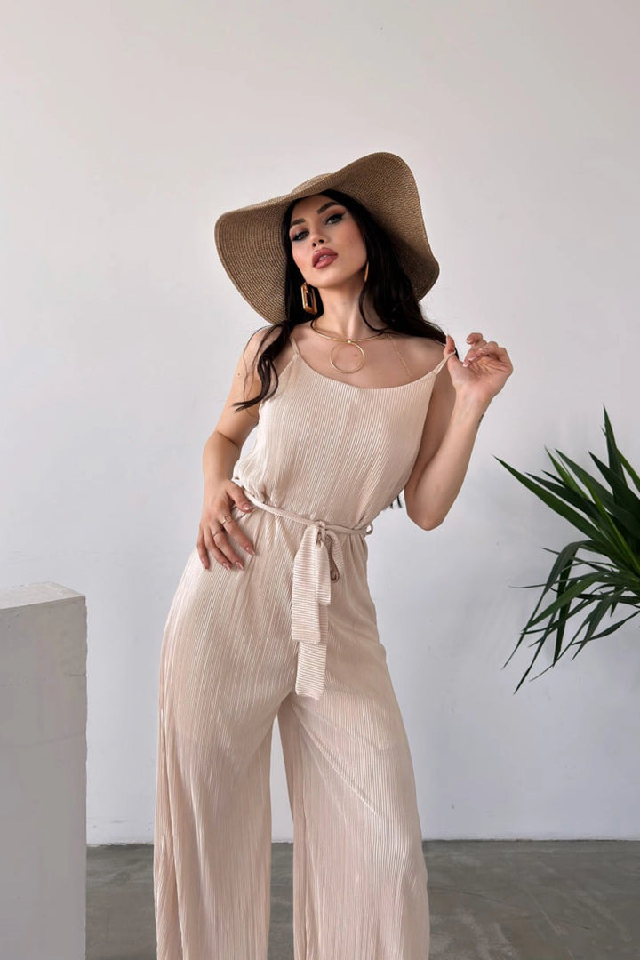 Beige Crinkled Jumpsuit with Rope Belt BCDF-241077 - Des Moines