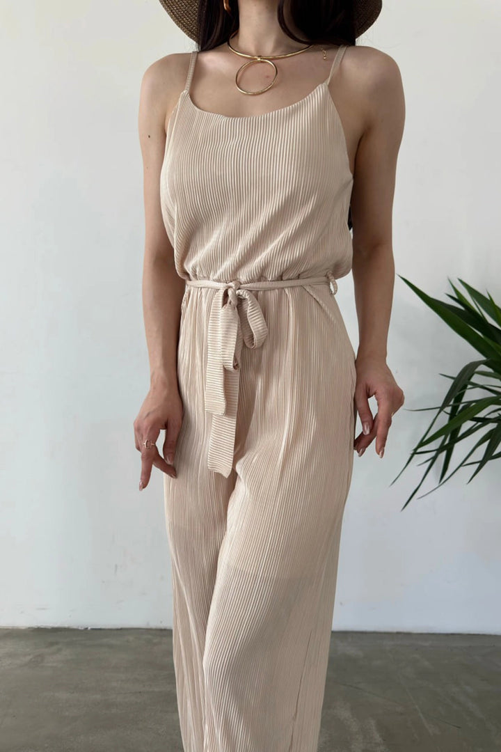 Beige Crinkled Jumpsuit with Rope Belt BCDF-241077 - Des Moines