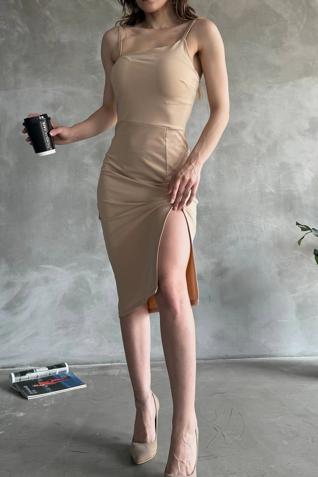 Beige Knit Strap Slit Detail Midi Length Bodycon Dress BCDF-246003 - North Port