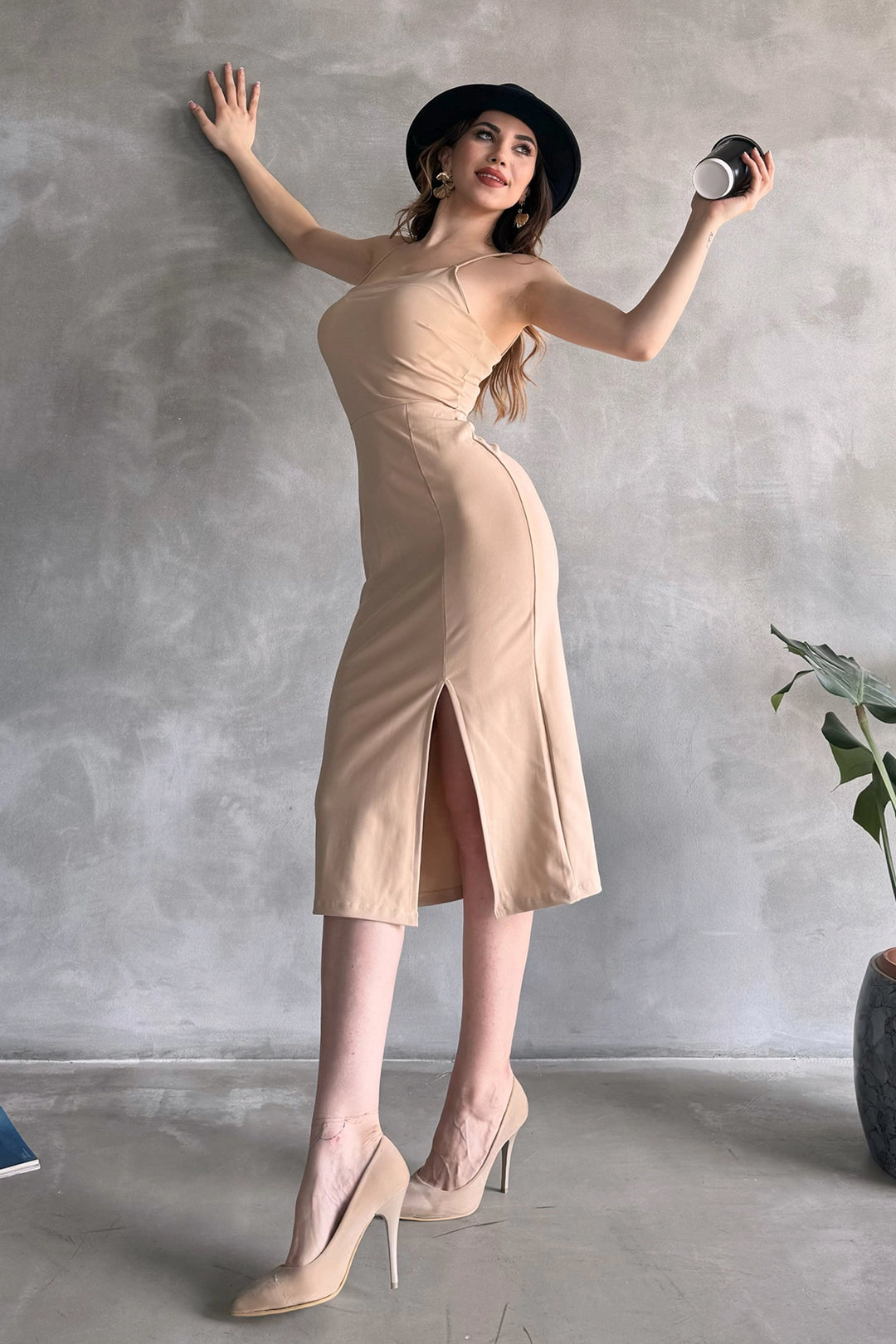 Beige Knit Strap Slit Detail Midi Length Bodycon Dress BCDF-246003 - North Port