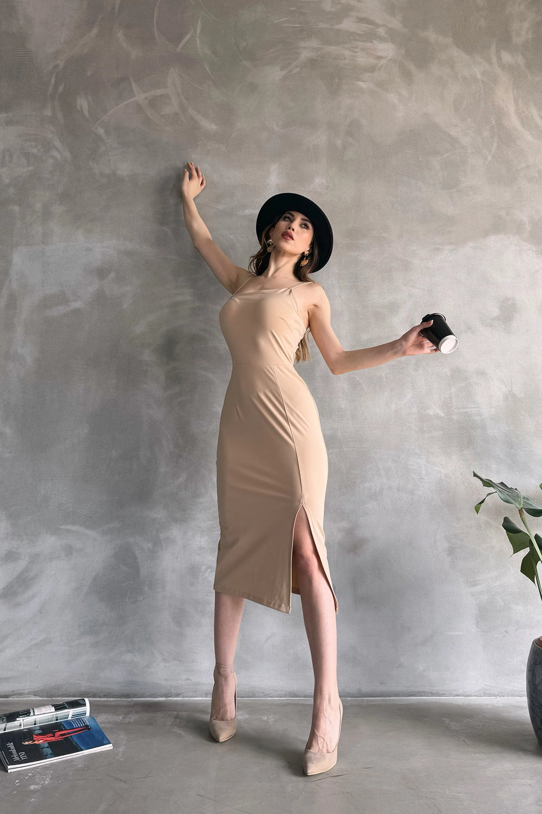 Beige Knit Strap Slit Detail Midi Length Bodycon Dress BCDF-246003 - North Port