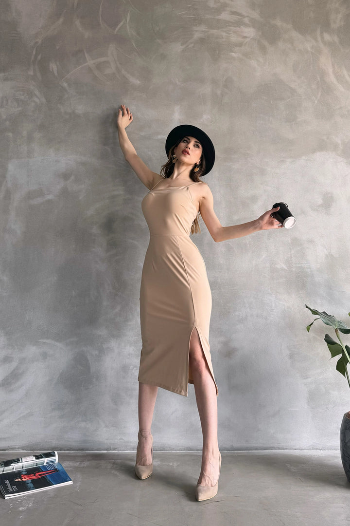 Beige Knit Strap Slit Detail Midi Length Bodycon Dress BCDF-246003 - North Port